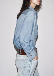 French Blue Ruffled Button Denim Blouses Fall