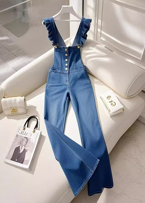 French Blue Ruffled Denim Overalls Jumpsuit Fall – SooLinen