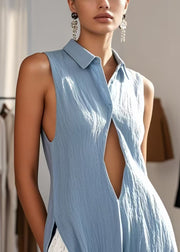French Blue Side Open Hollow Out Cotton Long Tops Sleeveless