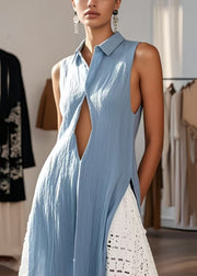 French Blue Side Open Hollow Out Cotton Long Tops Sleeveless