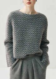 French Blue Slash Neck Striped Thick Cotton Knit Sweaters Fall