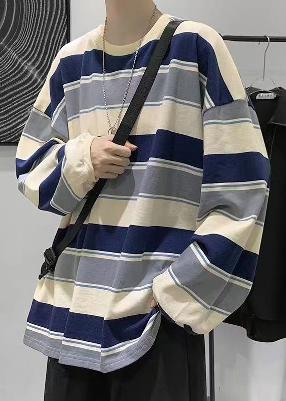 French Blue Striped Cotton Men T Shirt O-Neck Spring