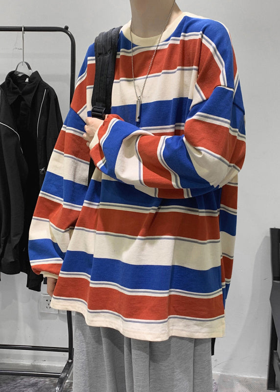 French Blue Striped Cotton Men T Shirt O-Neck Spring
