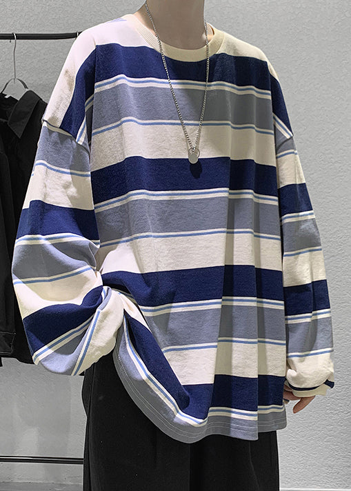 French Blue Striped Cotton Men T Shirt O-Neck Spring