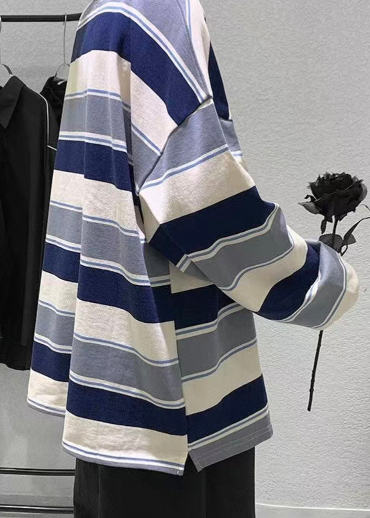 French Blue Striped Cotton Men T Shirt O-Neck Spring