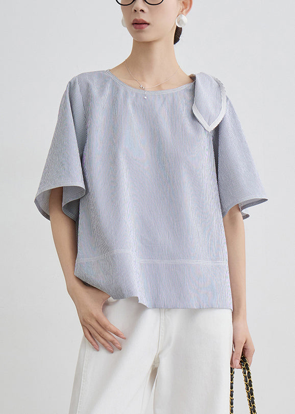 French Blue Striped Original Design Cotton T Shirt Summer