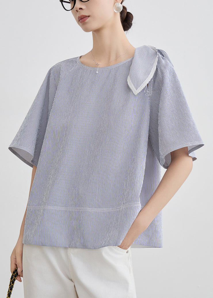 French Blue Striped Original Design Cotton T Shirt Summer