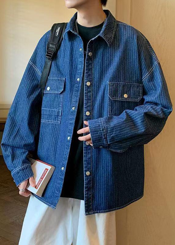 French Blue Striped Pockets Denim Mens Coats Spring
