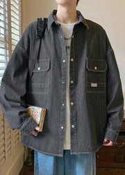 French Blue Striped Pockets Denim Mens Coats Spring