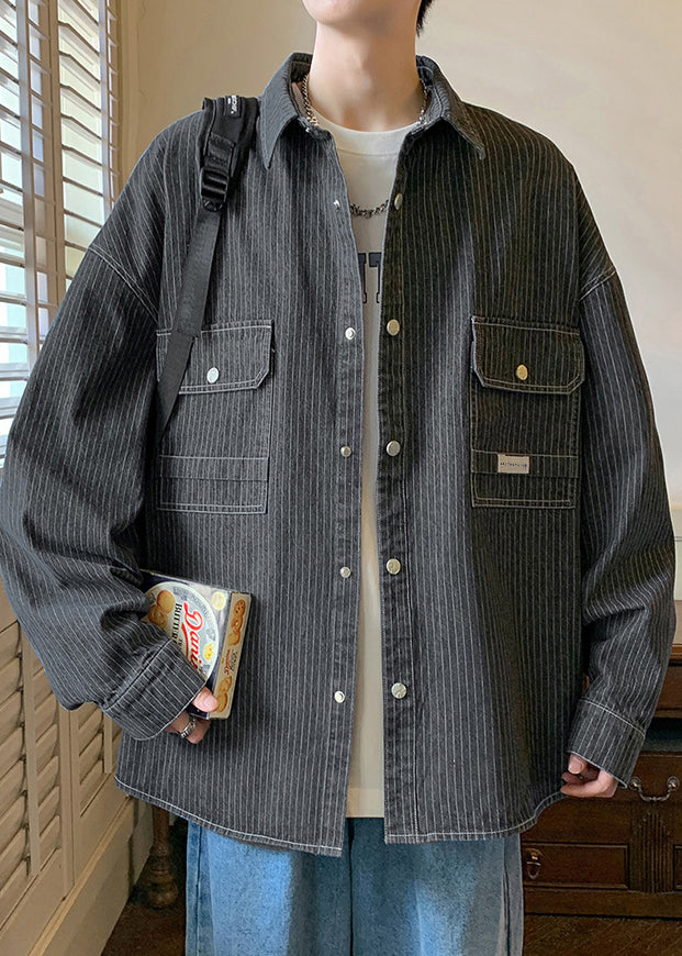 French Blue Striped Pockets Denim Mens Coats Spring