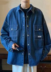 French Blue Striped Pockets Denim Mens Coats Spring
