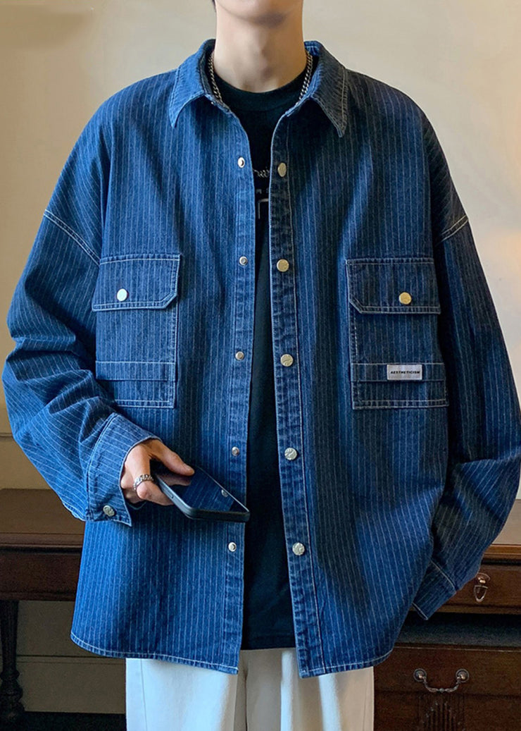 French Blue Striped Pockets Denim Mens Coats Spring