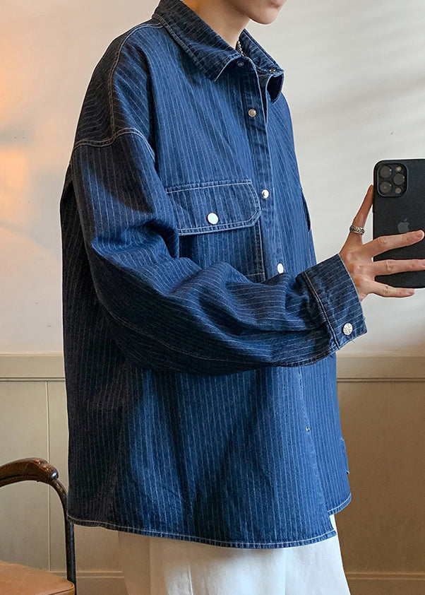 French Blue Striped Pockets Denim Mens Coats Spring
