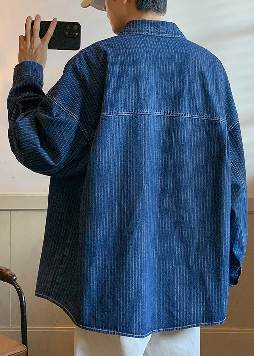 French Blue Striped Pockets Denim Mens Coats Spring