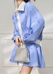 French Blue Striped Pockets Patchwork Cotton Shirts Dress Fall