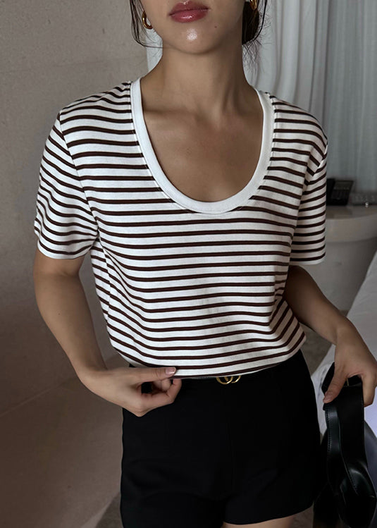 French Blue U Neck Striped Cotton T Shirt Tops Summer