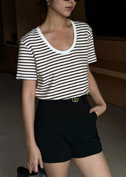 French Blue U Neck Striped Cotton T Shirt Tops Summer