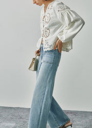 French Blue V Neck Hollow Out Floral Cotton Shirt Top Fall