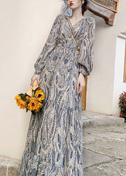 French Blue V Neck Print Tunic Long Dress Spring