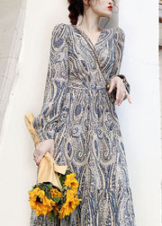 French Blue V Neck Print Tunic Long Dress Spring