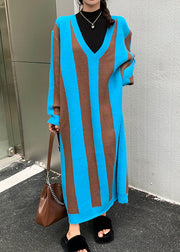 French Blue V Neck Striped Patchwork Cozy Knit Sweater Dress Winter