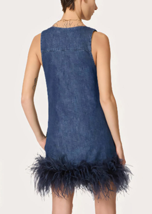 French Blue V Neck Tasseled Patchwork Denim Mid Dress Sleeveless