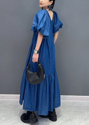 French Blue Wrinkled Patchwork Thin Denim Long Dress Summer
