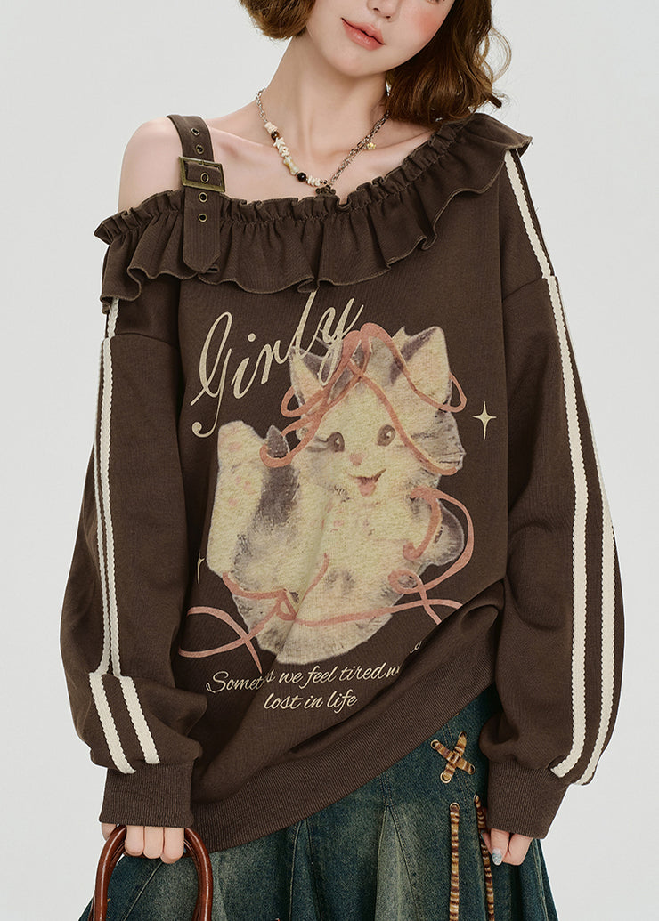 French Brown Cold Shoulder Ruffled Print Cotton Top Spring