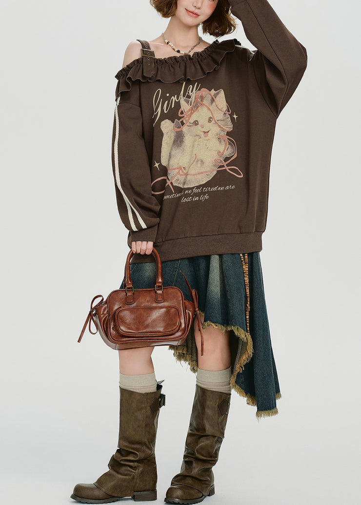 French Brown Cold Shoulder Ruffled Print Cotton Top Spring