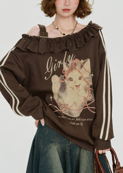 French Brown Cold Shoulder Ruffled Print Cotton Top Spring