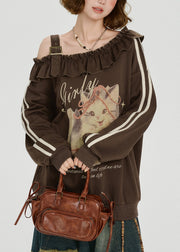 French Brown Cold Shoulder Ruffled Print Cotton Top Spring