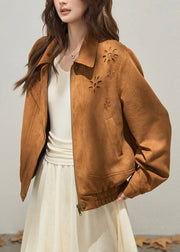 French Brown Embroidered Flower Faux Suede Coat Outwear Fall