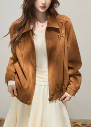 French Brown Embroidered Flower Faux Suede Coat Outwear Fall