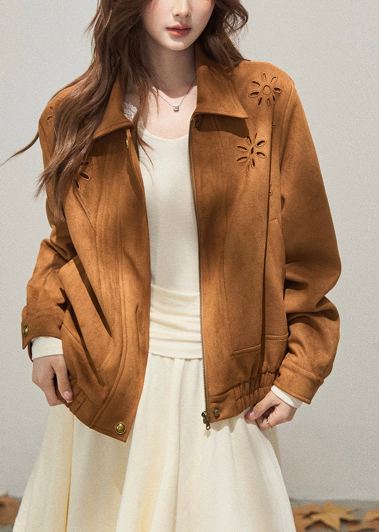 French Brown Embroidered Flower Faux Suede Coat Outwear Fall