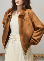 French Brown Embroidered Flower Faux Suede Coat Outwear Fall