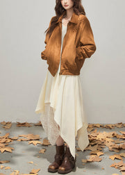 French Brown Embroidered Flower Faux Suede Coat Outwear Fall