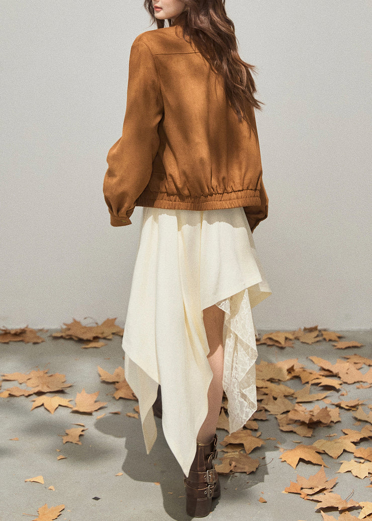 French Brown Embroidered Flower Faux Suede Coat Outwear Fall