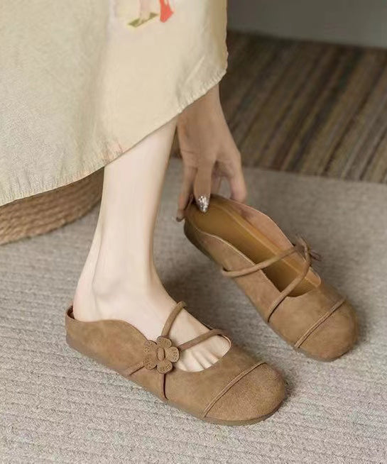 French Brown Flats Slide Sandals Hollow Out Floral1