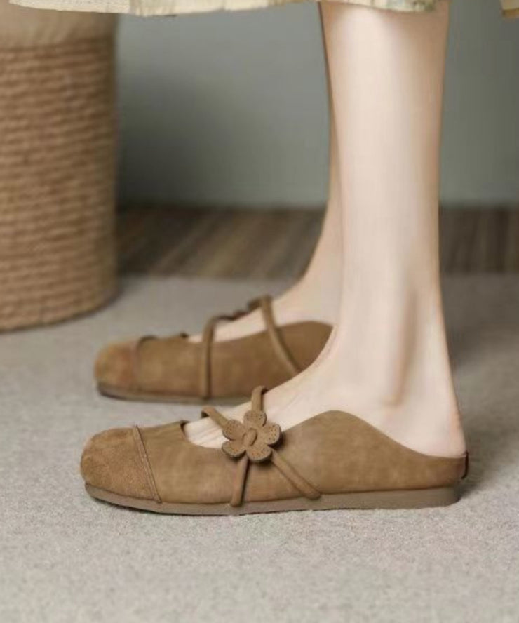 French Brown Flats Slide Sandals Hollow Out Floral1