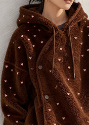 French Brown Hooded Loving Heart Fluffy Sweatshirt Winter