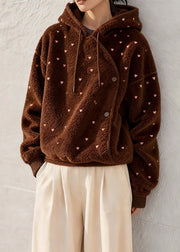 French Brown Hooded Loving Heart Fluffy Sweatshirt Winter