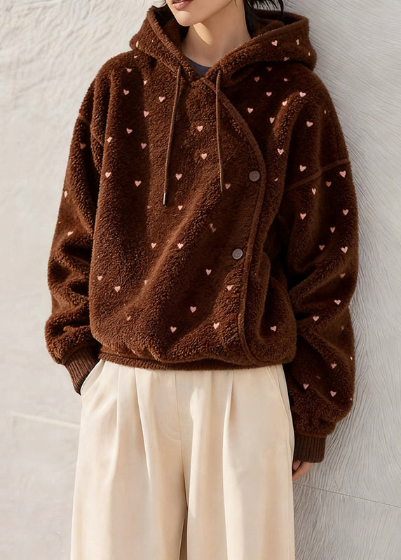 French Brown Hooded Loving Heart Fluffy Sweatshirt Winter