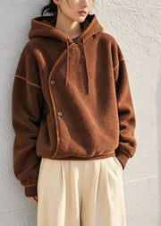 French Brown Hooded Patchwork Woolen Teddy Sweatshirt Winter