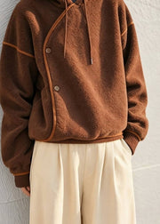 French Brown Hooded Patchwork Woolen Teddy Sweatshirt Winter