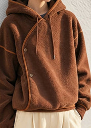 French Brown Hooded Patchwork Woolen Teddy Sweatshirt Winter