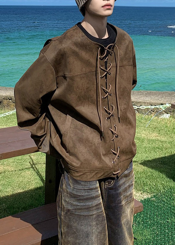French Brown O Neck Lace Up Faux Suede Mens Coats Spring