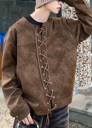 French Brown O Neck Lace Up Faux Suede Mens Coats Spring
