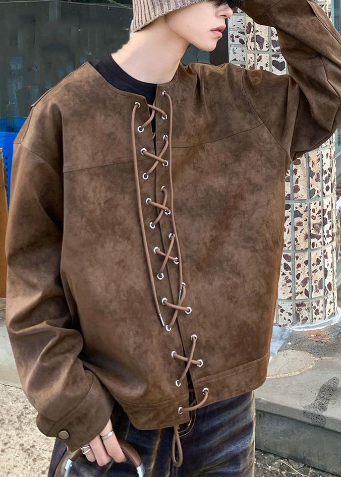 French Brown O Neck Lace Up Faux Suede Mens Coats Spring