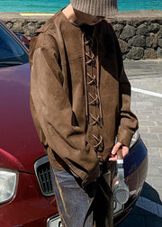 French Brown O Neck Lace Up Faux Suede Mens Coats Spring