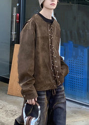 French Brown O Neck Lace Up Faux Suede Mens Coats Spring